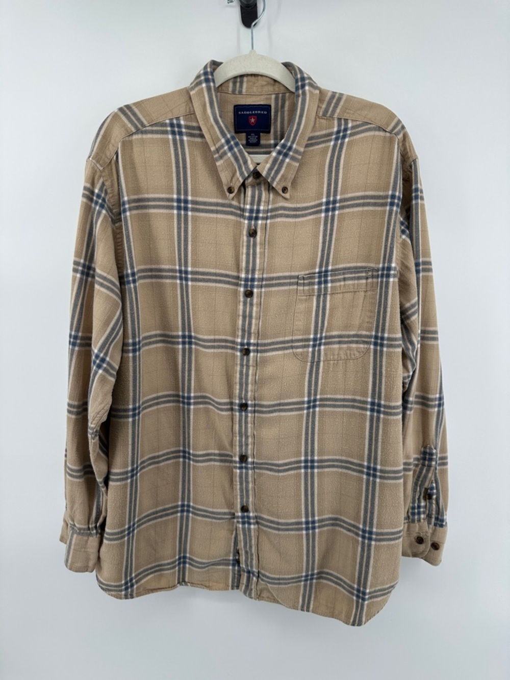 Saddlebred VTG Western Cabincore Preppy Tan/Blue Plaid Button-Down Shirt Sz2XL